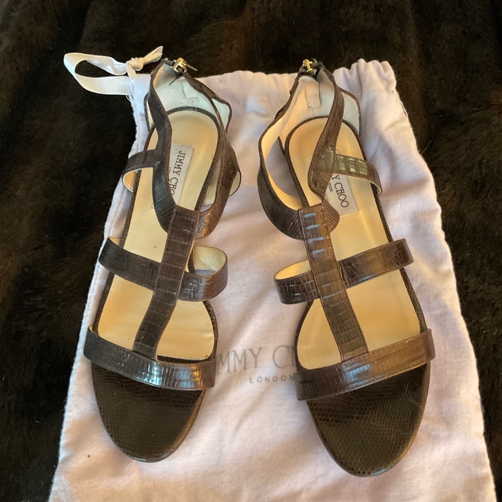 NEW JIMMY CHOO brown lizard gladiator sandals 40 9 9.5 10 straps and zip back